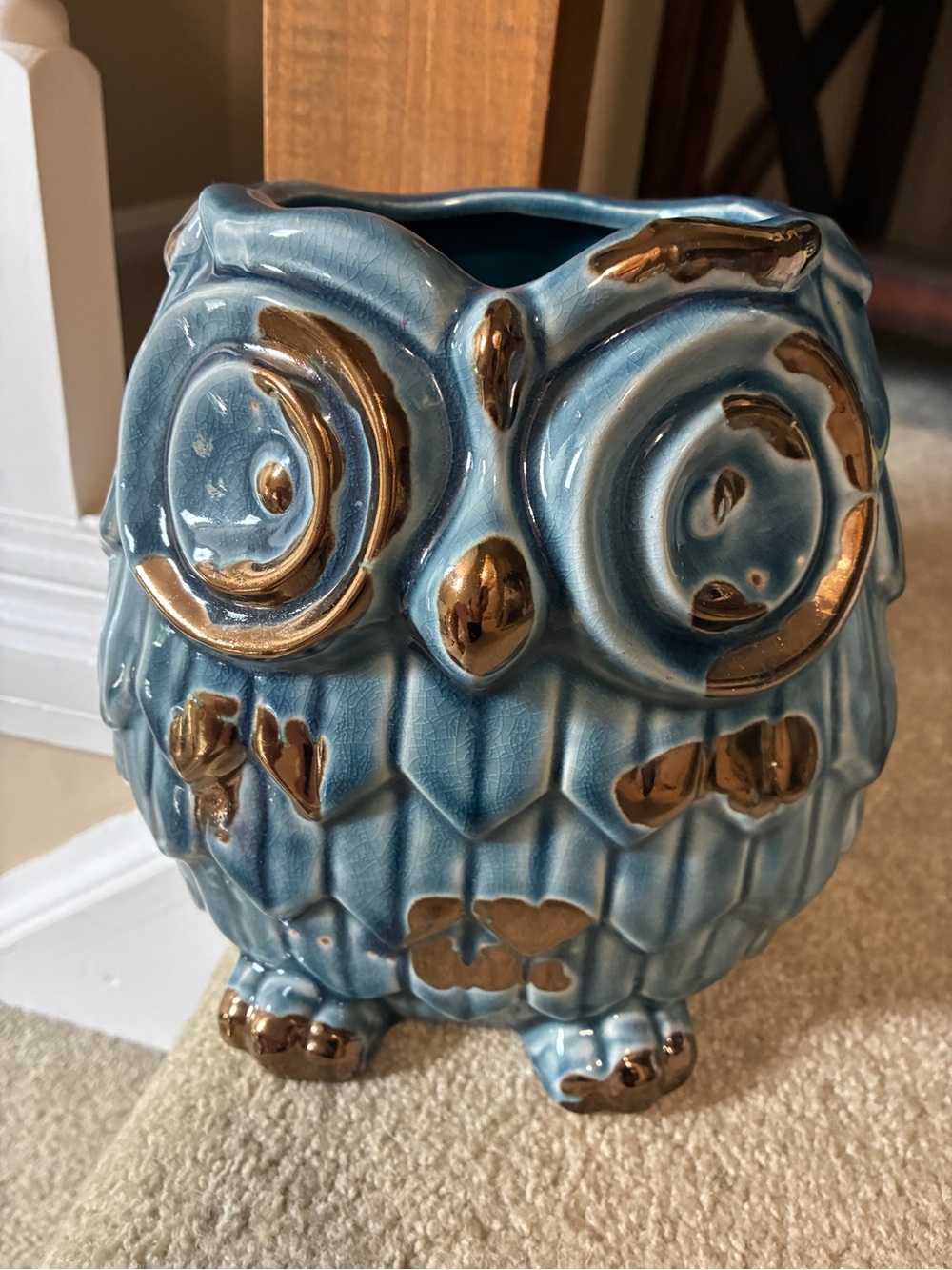 Blue Ceramic Owl Vase with Gold Accents - Home Accents